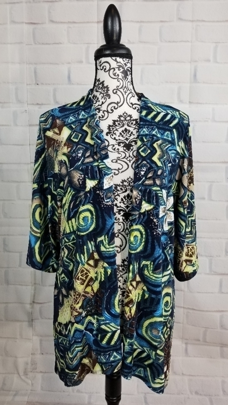 Chico's womens 3/4 sleeve open front geometric print cardigan size 1 stretch b8